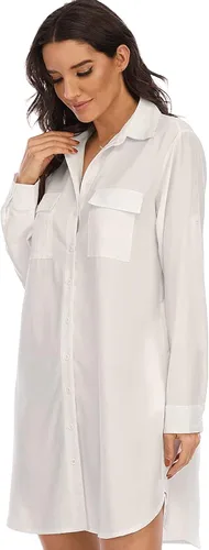 Vista 2 de LUSMAY Vestido casual de verano con cuello en V y botones para mujer de manga larga con bolsillo
