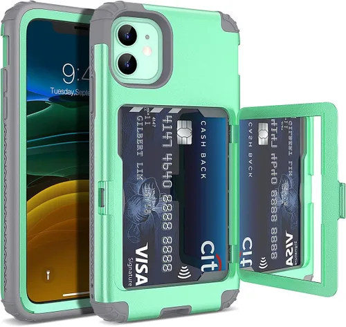 Vista 16 de WeLoveCase para iPhone 11 Estuche tipo billetera Defender con portatarjetas, cubierta con espejo oculto, tres capas, a prueba de golpes, protección