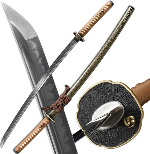 Vista 9 de Espada Katana Samurai, templada en arcilla, acero T10, Hamon real, espada completa Full Tang, hecha a mano, samurái, extremadamente afilada