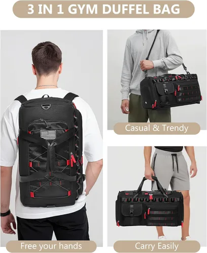 Vista 7 de Bolsas de gimnasio para hombres y mujeres, 45L grande de viaje de fin de semana, mochila deportiva con zapatos y compartimento para laptop, bolsa
