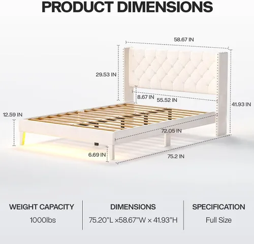 Vista 2 de Lihimte Marco de cama tamaño matrimonial con luces LED, base de cama plataforma tapizada en terciopelo con cabecero y estribo abotonado, soporte