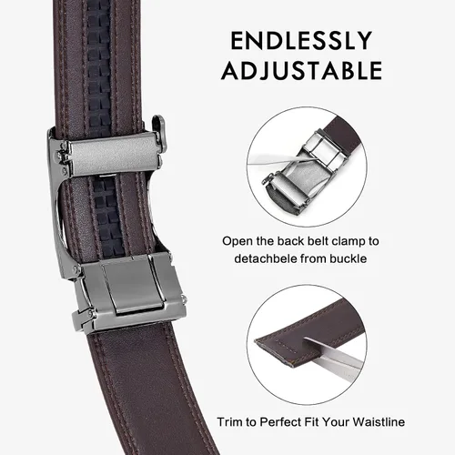 Vista 3 de BOSTANTEN Cinturones de vestir de trinquete para hombre, 2 paquetes, cinturones de cuero genuino para hombres con litera deslizante de clic, recorte