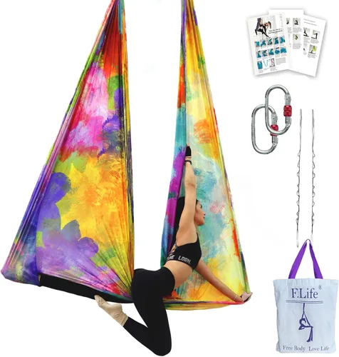 Vista 15 de F.Life Kit de hamaca de yoga aéreo, columpio de yoga, multicolor, 5 yardas, yoga volador, incluye cadena de margarita, mosquetón y guía de postura