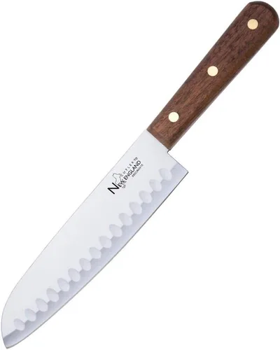 Vista 2 de Cuchillo de chef Pro Santoku de acero inoxidable de alto carbono de 7 pulgadas con borde afilado de afeitar con mango de madera de nogal