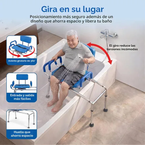 Vista 2 de Banco de transferencia deslizable para ducha con asiento giratorio Carousel, bariátrico, acolchado premium con apoyabrazos giratorios, alta Azul