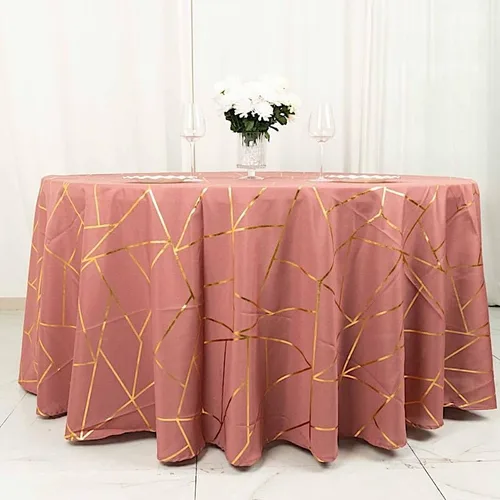 Vista 3 de Balsa Circle Mantel redondo de poliéster con diseño geométrico metálico de 120 pulgadas, color canela y oro rosa Rosa canela