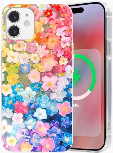 Vista 32 de I-MGAE-IN-AR Funda compacta para iPhone 12 Pro, diseño colorido de flores iridiscentes, holográfica, brillante, bonita funda para iPhone 12