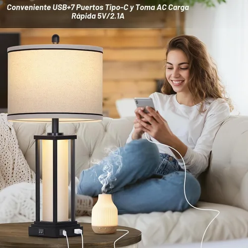 Vista 3 de 27inch Tall Bedside Table Lamps with Charging Ports for Living Room,Traditional Lamp with Night Light for Bedroom Nightstand,Single Black