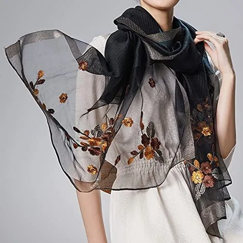 Vista 3 de Bufanda de seda WINCESS.YU para mujer, chales ligeros y envolturas para bodas, chal de pashmina a la moda, bufandas bordadas