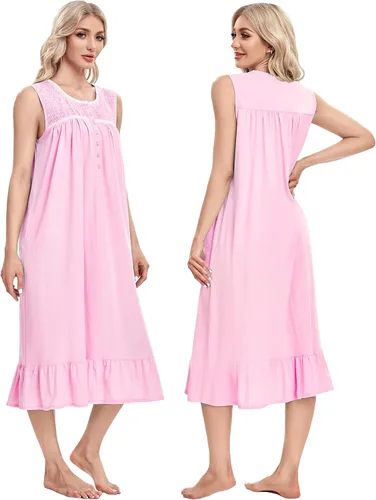 Vista 5 de IZZY + TOBY Camisones de algodón ligero para mujer, camisón de algodón sin mangas, camisón de media pantorrilla para mujer