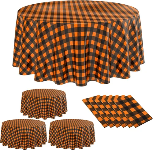 Vista 11 de Remagr Mantel Desechable de Cuadros Redondo de Plástico Buffalo Plaid Mantel de Mesa de 84'' Cubierta de Mesa Gingham para Picnic Camping BBQ Fiesta