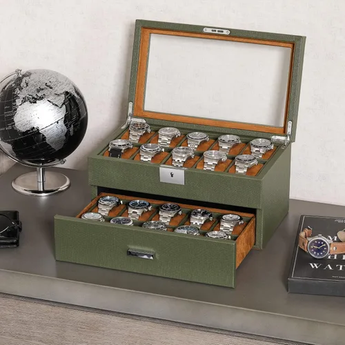 Vista 2 de ROTHWELL Caja de relojes de cuero de 20 ranuras - Estuche de exhibición organizador de joyas de lujo, - Estuche de exhibición con cerradura con tapa