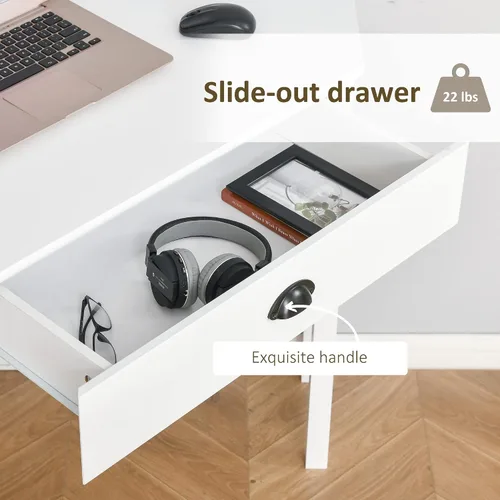 Vista 6 de HOMCOM Escritorio esquinero, escritorio triangular para computadora con cajón y estantes de almacenamiento para espacios pequeños, estación