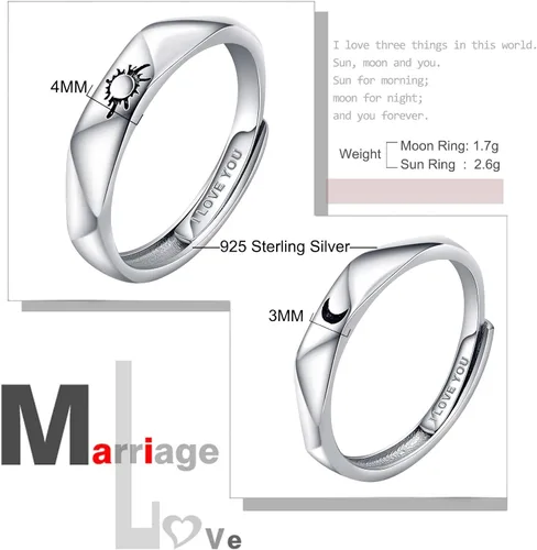 Vista 5 de Beydodo Anillos de plata 925 personalizados ajustables con sol y luna a juego grabados I LOVE YOU Anillos para parejas Anillos de boda