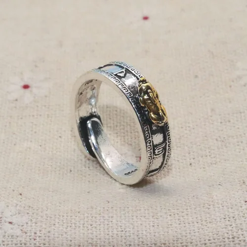 Vista 7 de HETICA Feng Shui Pixiu Mantra Amuleto Lucky Ajustable Anillo Budista Buena Suerte Mantra Doble Protección Riqueza Amor Salud Anillo Vintage Anillo