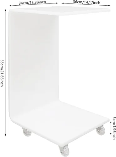 Vista 3 de Mesa auxiliar moderna de acrílico en forma de C con ruedas, mesa de noche con ruedas de 2 niveles para sala de estar, mesa auxiliar blanca lechosa