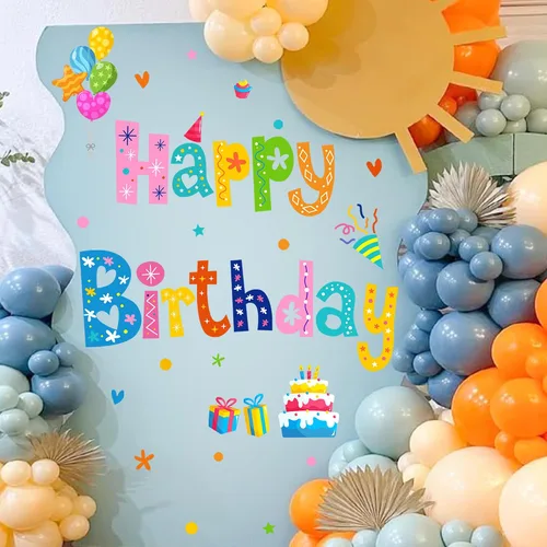 Vista 3 de Colorido cartel de feliz cumpleaños, calcomanías de cumpleaños para telón de fondo, decoraciones de fiesta de cumpleaños para niños, pancarta