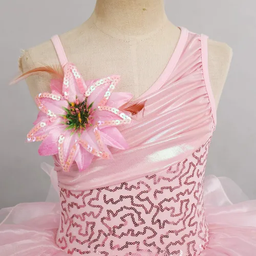 Vista 4 de IDOPIP Vestido de ballet con lentejuelas y un hombro para niñas pequeñas, tutú con volantes, falda de bailarina, 3-10 años