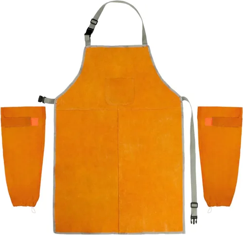 Vista 7 de QWORK Delantal y mangas de soldadura, juego de protectores de trabajo de soldadura, taller de trabajo de cuero resistente al calor y al fuego, ropa