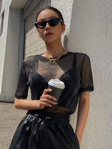 Vista 4 de Verdusa Camiseta casual de manga corta con cuello redondo y malla para mujer