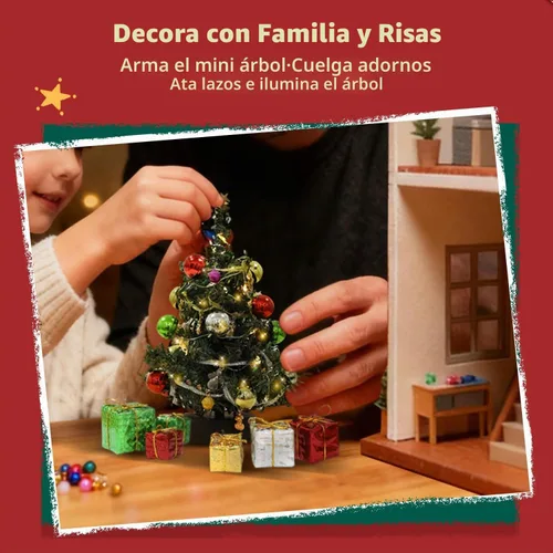 Vista 4 de iLAND Accesorios para Casa de Muñecas Mini Árbol de Navidad con Luces 15 cm Decoraciones de Navidad para Casa de Muñecas Lindo Pequeño Árbol
