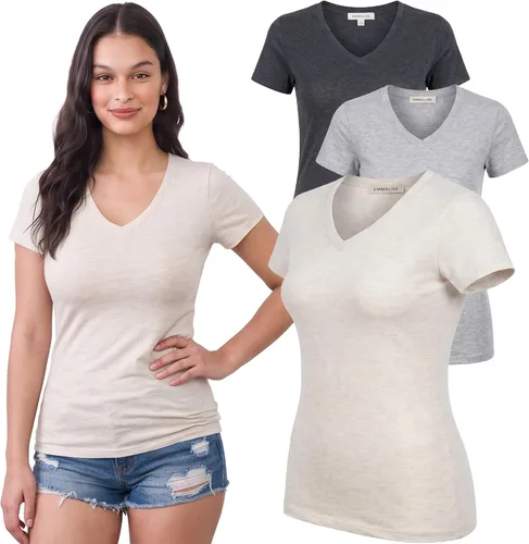 Vista 147 de Emmalise Camiseta de manga corta para mujer, cuello en V, tallas junior y plus