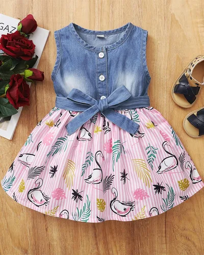 Vista 3 de Vestido de niña pequeña ropa de verano para niña vestido sin mangas vestido de mezclilla con flores lindos vestidos para niña
