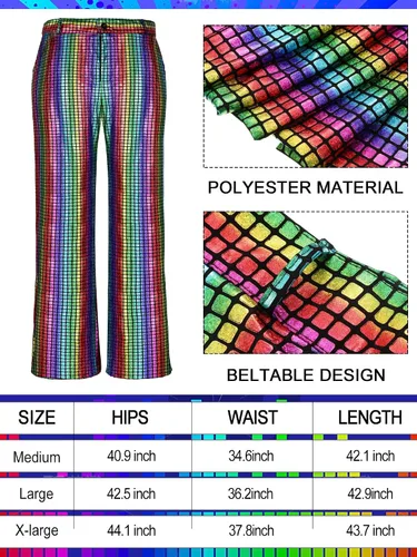 Vista 4 de Mepase 6 piezas de lentejuelas metálicas de los años 70 para hombre, disfraz de discoteca, accesorios, camisa brillante, pantalón, peluca afro