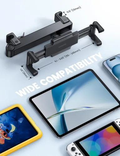 Vista 5 de Aomiker Soporte para iPad para reposacabezas de automóvil, brazo con bloqueo de aluminio, soporte universal para tablet con clip ancho plegable