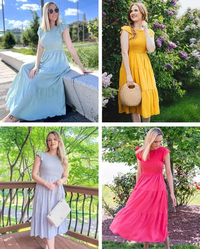 Vista 5 de MEROKEETY - Vestido midi fruncido de manga corta para mujer, vestido de verano casual, acampanado, con cintura elástica y escalonado