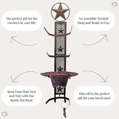 Vista 2 de BestGiftEver Metal Star 4 - Perchero plegable para colgar en la pared, estilo rústico occidental, organizador de exhibición de sombreros de vaquero