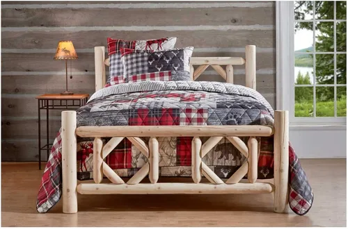 Vista 6 de CASTLECREEK Marco de cama de tronco de cedro de diamante, marco de cama King de madera natural rústica con cabecero