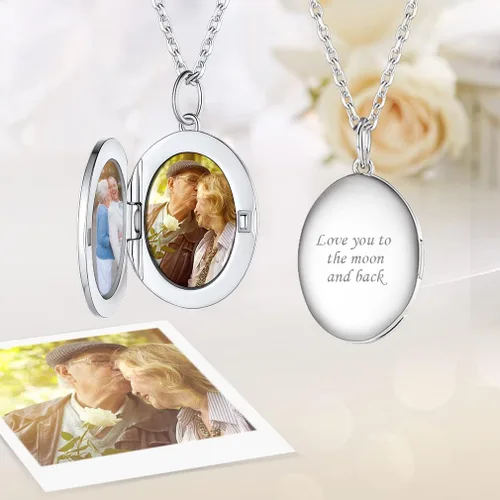 Vista 4 de Custom4U Collar redondo y ovalado de plata que sostiene la imagen colgante de medallón de fotos personalizado chapado en oro de 18 quilates plata