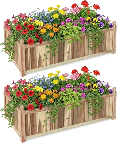 Vista 12 de HAPPYGRILL Cama de jardín elevada de madera, maceta rectangular de madera de acacia natural con forro y drenaje para hierbas de flores vegetales