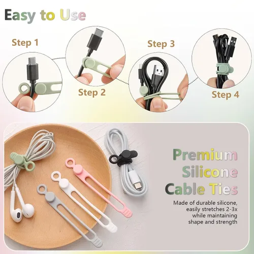 Vista 6 de Bridas para cables de datos, organizador de cables de silicona reutilizable, cable elástico multiusos para agrupar auriculares, cargador
