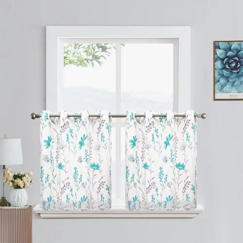 Vista 22 de July Joy Cenefa de Cocina Estampada con Textura de Lino de 18 Pulgadas Diseño Floral de Hojas Estilo Casa de Campo Juego de Paneles de Cortina