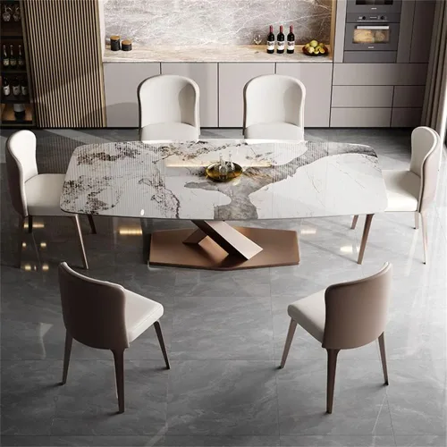 Vista 5 de LAKIQ Mesa de comedor rectangular moderna con pedestal de piedra sinterizada, mesa de pizarra con pedestal para comedor, sala de estar, solo mesa
