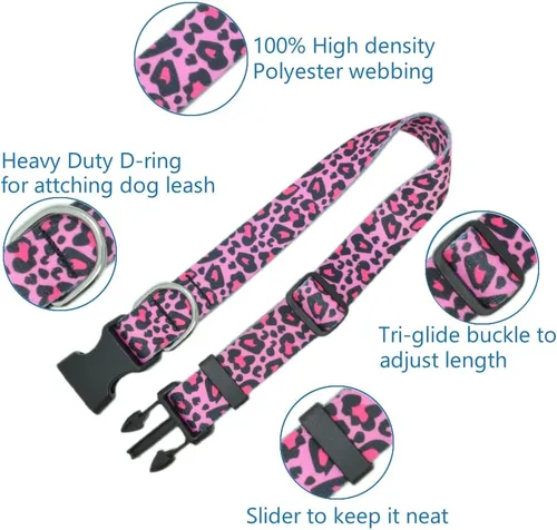 Vista 3 de Bonito collar de perro para una perra, resistente y duradero con diseño de leopardo rosa, collares de perro para perros grandes, collar de poliéster