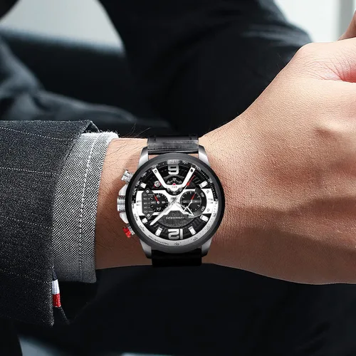Vista 7 de Reloj de pulsera analógico de cuarzo para hombre, cronógrafo, impermeable, correa de cuero, correa de cuero, reloj de pulsera