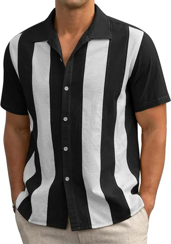 Vista 2 de Camisa de verano a rayas para hombre, camisa de guayabera cubana con botones, camisa de manga corta para playa, camisas hawaianas de trabajo casual