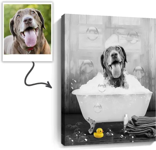 Vista 15 de kvtiwee retrato personalizado de mascota a partir de foto, arte de pared en lienzo de gato en el inodoro, arte de baño divertido en blanco y negro