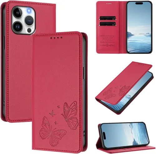 Vista 2 de Butterfly Embossed Leather Wallet Flip Case for Motorola Moto E22i 4G, Magnetic Closure, RFID Blocking Cover, Card Holder Red.