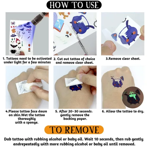 Vista 7 de 216 tatuajes temporales brillantes de Halloween para niños, bolsas de regalo, premios y recuerdos de fiesta