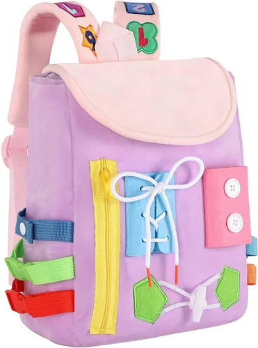 Vista 9 de Busy Board - Mochila para niños pequeños con hebillas y juguetes de actividades de aprendizaje, desarrolla habilidades motoras finas y habilidades