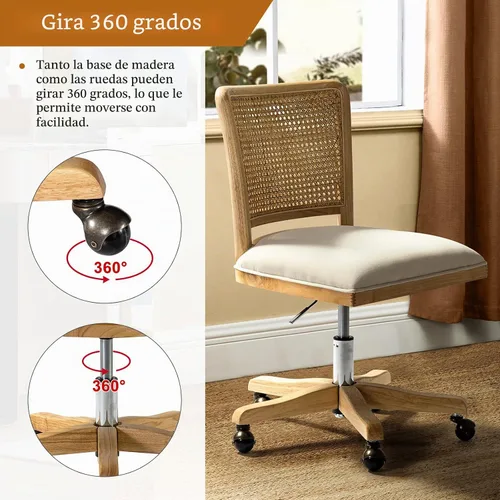Vista 6 de HULALA Silla de oficina en casa, silla de escritorio de ratán con respaldo Beige
