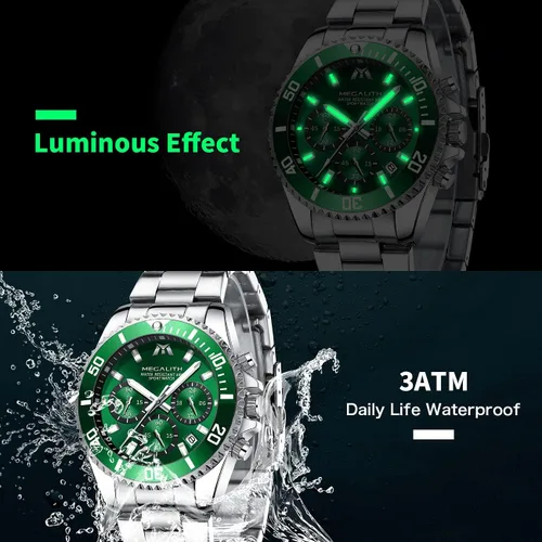 Vista 5 de MEGALITH Relojes para hombre, de acero inoxidable, resistente al agua, analógico, de cuarzo, moderno, de negocios, cronógrafo, con fecha automática