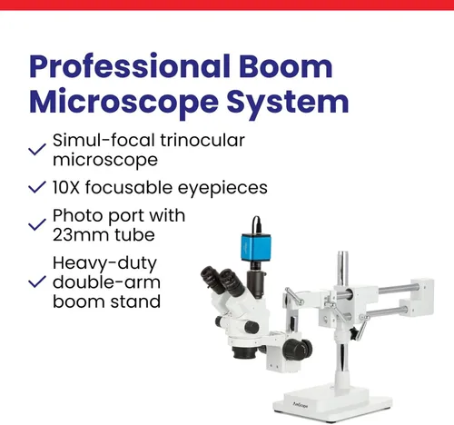 Vista 7 de Microscopio con zoom y cerradura estéreo Simul-Focal AmScope 7X a 45X con cabezal de brazo doble