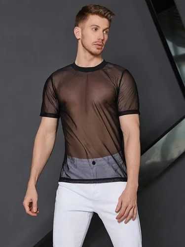 Vista 6 de WDIRARA Camiseta de malla de manga corta con cuello redondo y estampado floral para hombre
