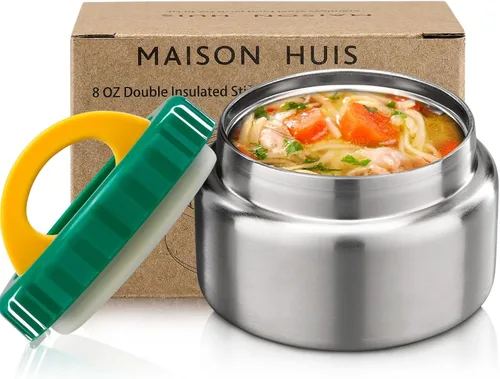 Vista 8 de MAISON HUIS Tarro térmico de sopa de 15 onzas de boca ancha aislado al vacío de acero inoxidable, a prueba de fugas, para alimentos calientes