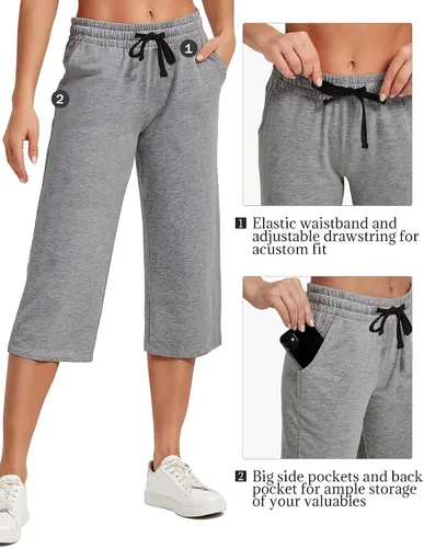 Vista 5 de SPECIALMAGIC Pantalones capri de algodón para mujer, pantalones de pijama de pierna ancha, pantalones capri deportivos